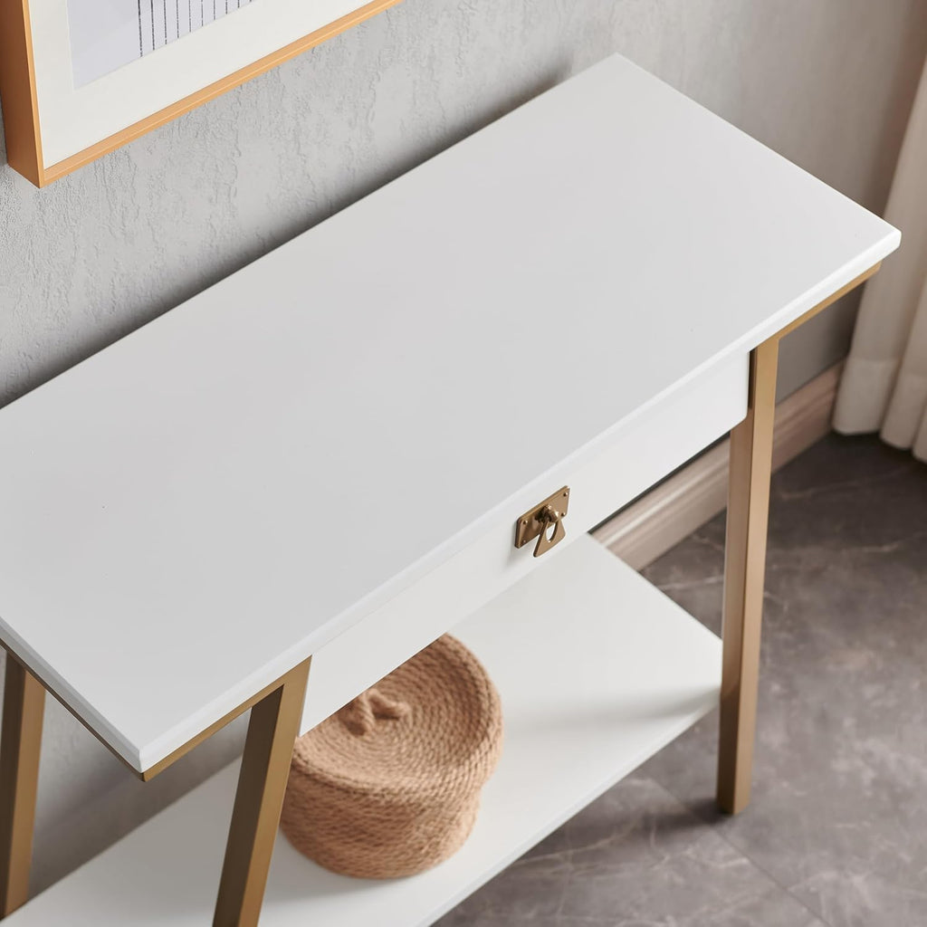 Leick Home 214346 Empiria Wood Console Table with Drawer and Metal Frame for Living Room Entryway Bedroom, White