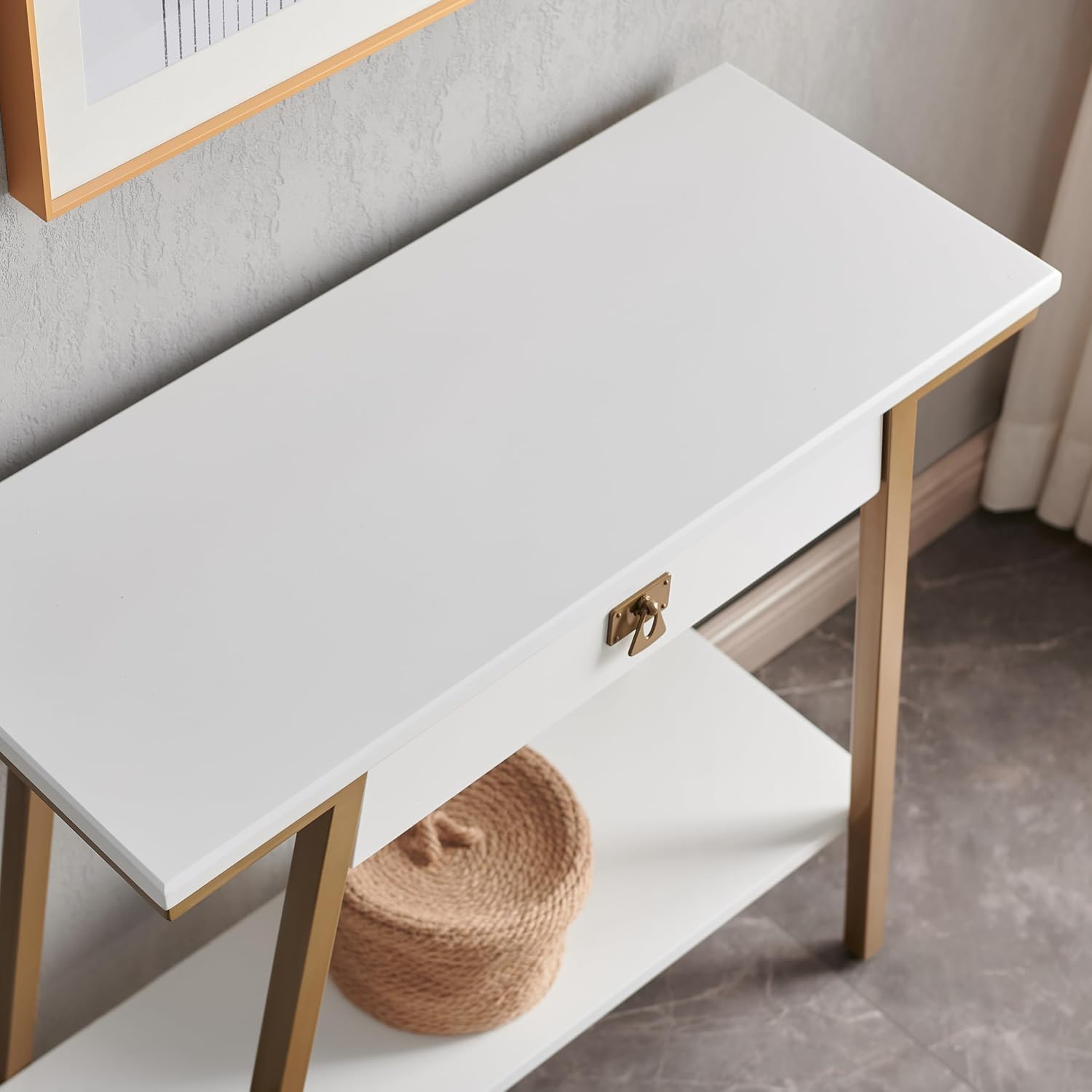 Leick Home 214346 Empiria Wood Console Table with Drawer and Metal Frame for Living Room Entryway Bedroom, White