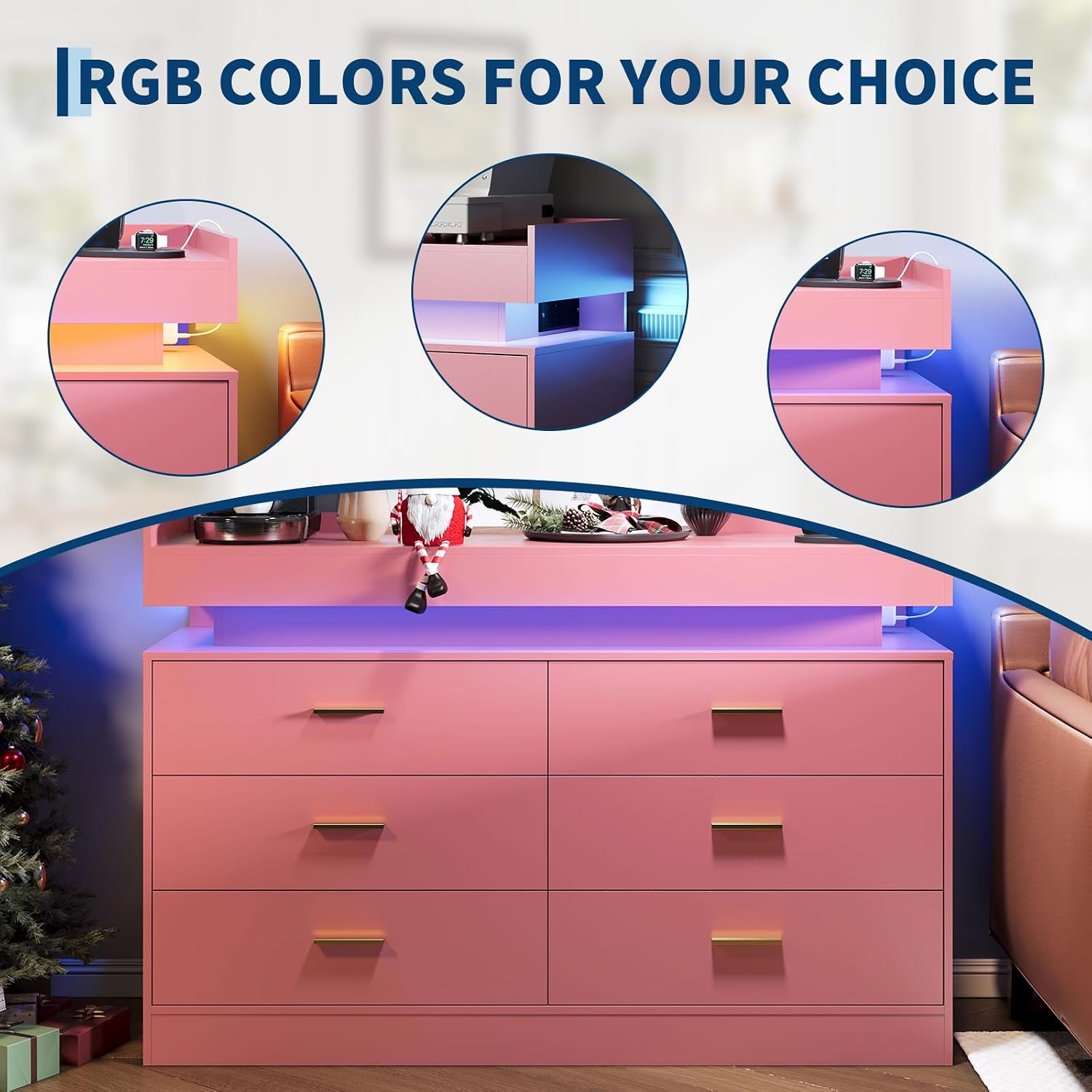 TV Stand Cabinet with LED Lights & Charging Station, Coffee Bar Cabinet Floating Countertop, Modern Sideboard Buffet 6 Drawers for Home, Living Room, Pink