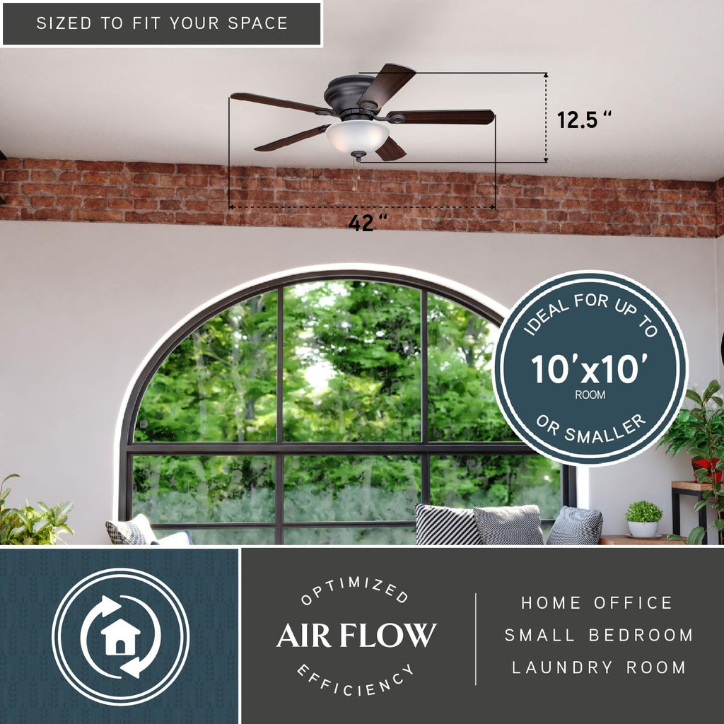 VAXCEL Expo 42 in. Noble Bronze Indoor Low Profile Flush Mount Traditional Ceiling Fan with Reversible Dark Bronze-Driftwood Blades, LED Light Kit and Pull Chain, 3 Speeds, Etched White Glass Shade