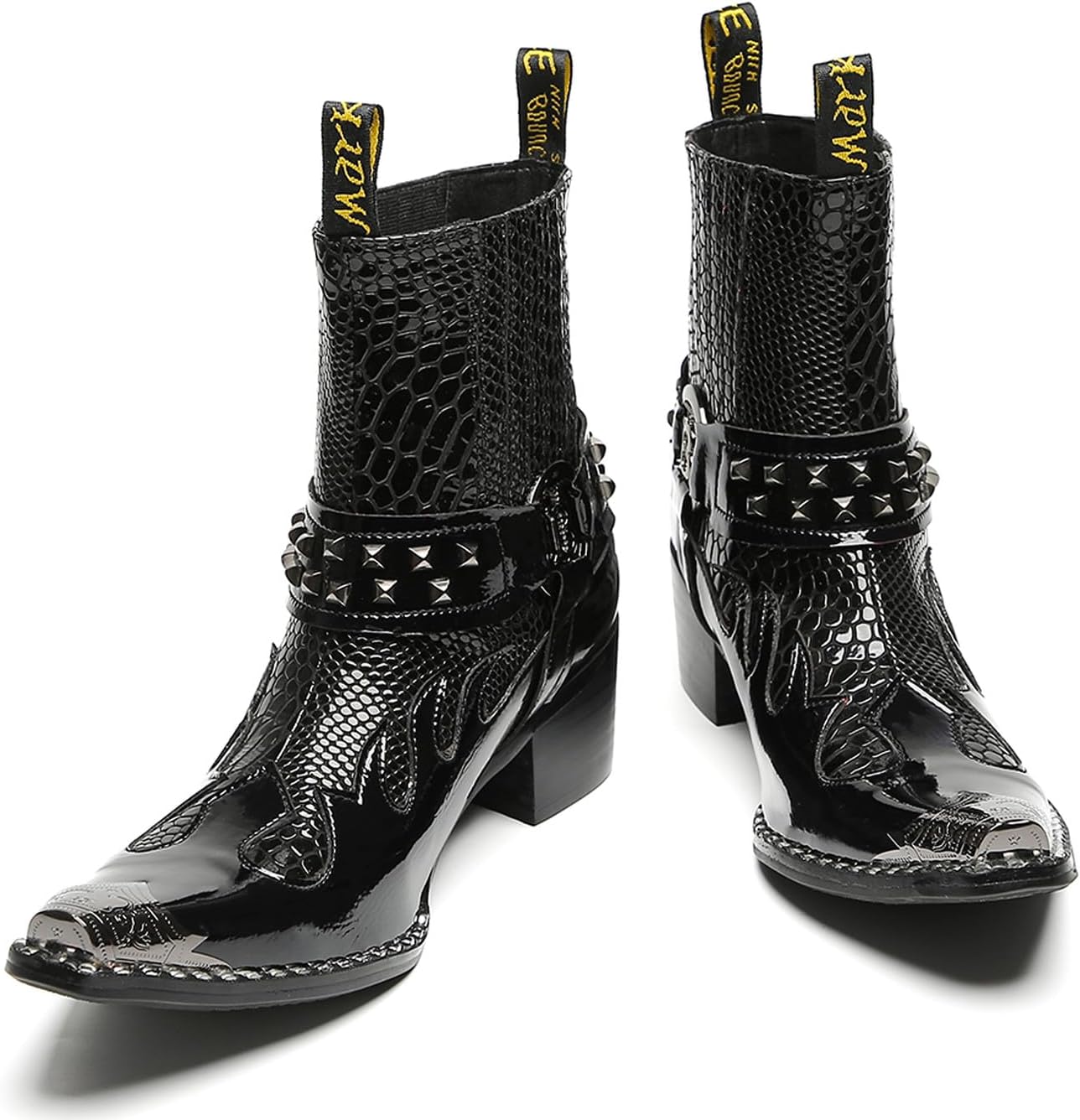 Santimon Men's Genuine Leather Western Chelsea Cowboy Boots | Mid-Top with Metallic Wingtip Toe & Snakeskin Buckle | Dress-to-Casual for Stage, Neon Nights