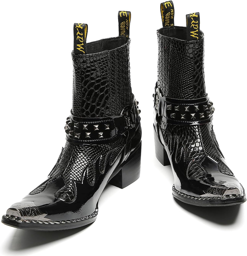 Santimon Men's Genuine Leather Western Chelsea Cowboy Boots | Mid-Top with Metallic Wingtip Toe & Snakeskin Buckle | Dress-to-Casual for Stage, Neon Nights