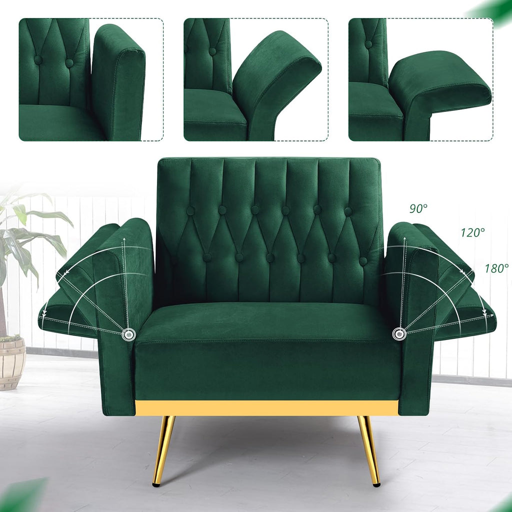 Velvet Accent Chair with Adjustable Armrests and Backrest, Button Tufted Lounge Chair, Single Recliner Armchair with Ottoman and Pillow for Living Room, Bedroom, Green