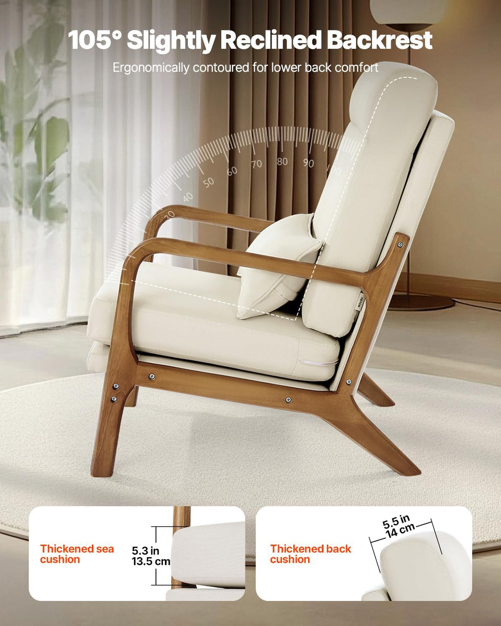 VEVOR Accent Chair, High Back Mid Century Modern Armchair with Solid Wood Frame and Non-Slip Legs, Upholstered Leisure Chair with Linen Fabric and 5.3 in Thickened Cushion, for Living Room, Bedroom