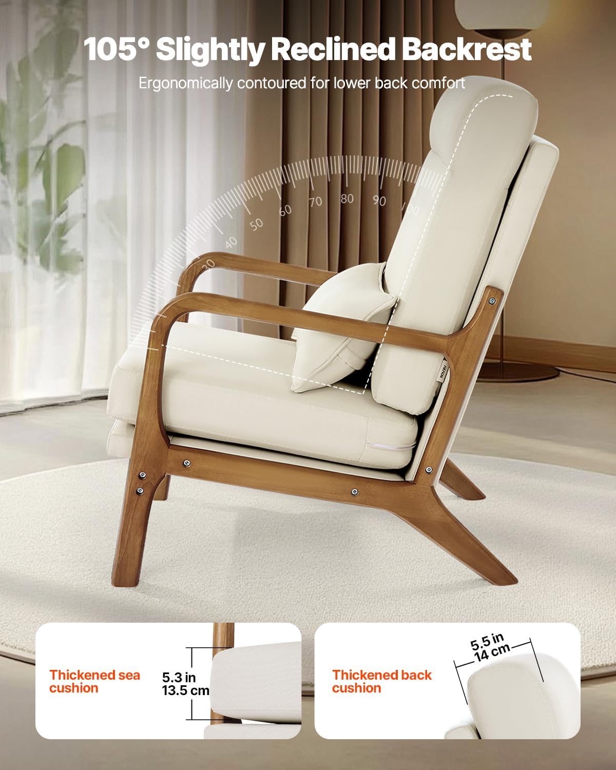 VEVOR Accent Chair, High Back Mid Century Modern Armchair with Solid Wood Frame and Non-Slip Legs, Upholstered Leisure Chair with Linen Fabric and 5.3 in Thickened Cushion, for Living Room, Bedroom