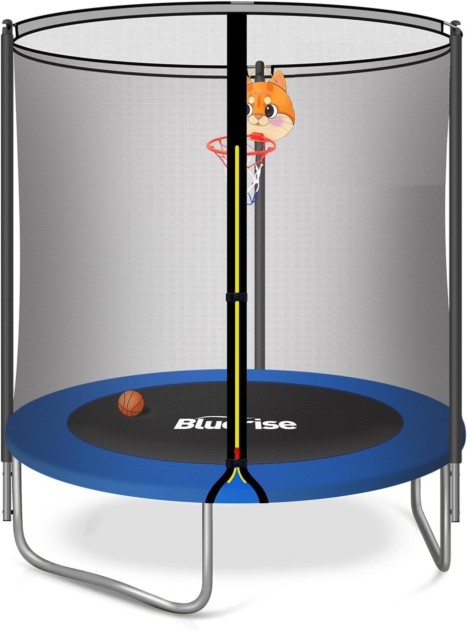BLUERISE 55IN 6FT Toddler Trampoline for Kids Indoor Outdoor Play for Kids Trampoline Basketball Hoop Attachment with Enclosure Net Easy to Assemble