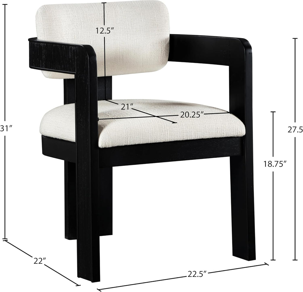 Meridian Furniture Sacha Collection Art Deco Dining Chair, Solid Fluted Wood, 22.5' W x 22' D x 31' H, Set of 2 (Cream, Black Finish, Linen Textured Fabric)