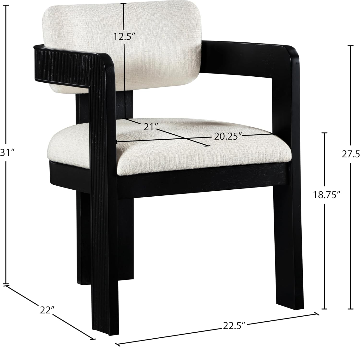 Meridian Furniture Sacha Collection Art Deco Dining Chair, Solid Fluted Wood, 22.5' W x 22' D x 31' H, Set of 2 (Cream, Black Finish, Linen Textured Fabric)