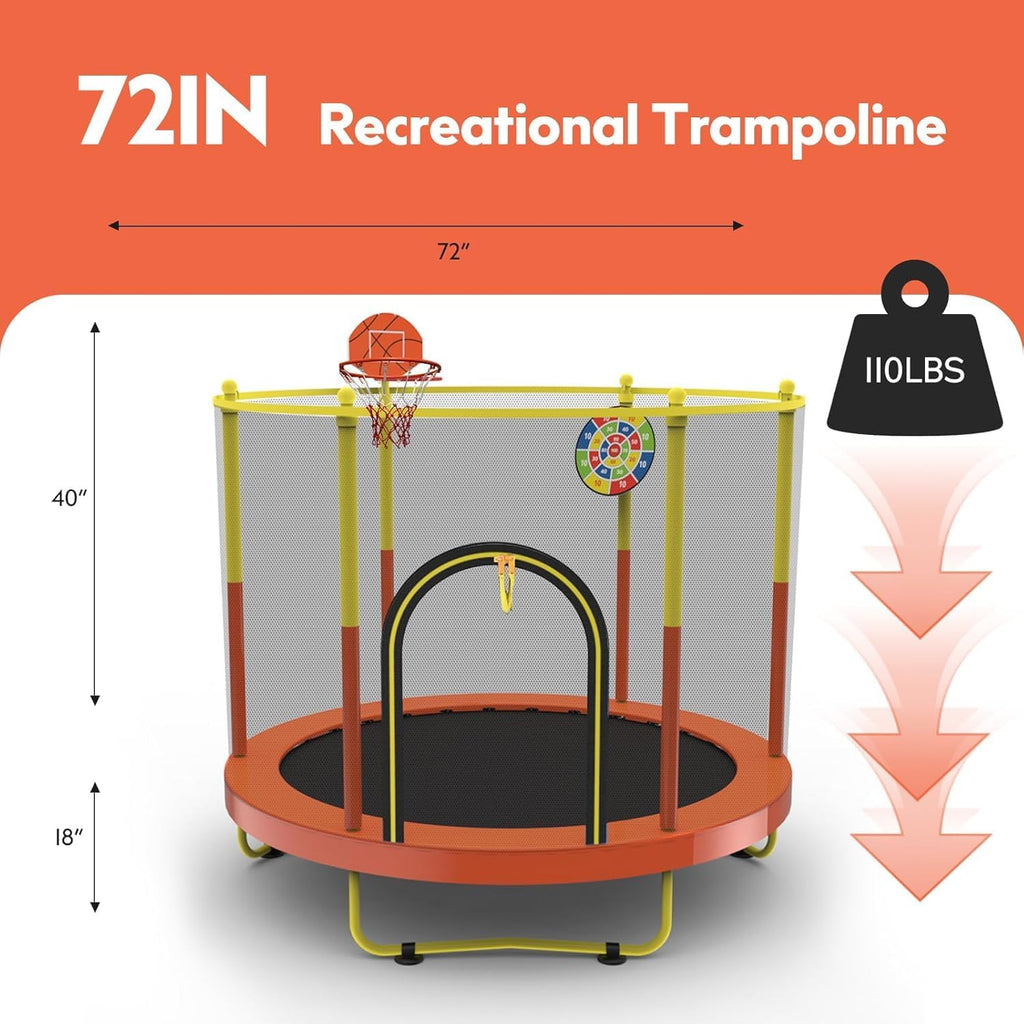 72' Trampoline for Kids with Net,6 FT Indoor & Outdoor Small Toddler Trampoline with Basketball Hoop & Dart Board for Ages 1-8, Birthday Gifts for Boys & Girls, Baby Toddler Christmas Toys