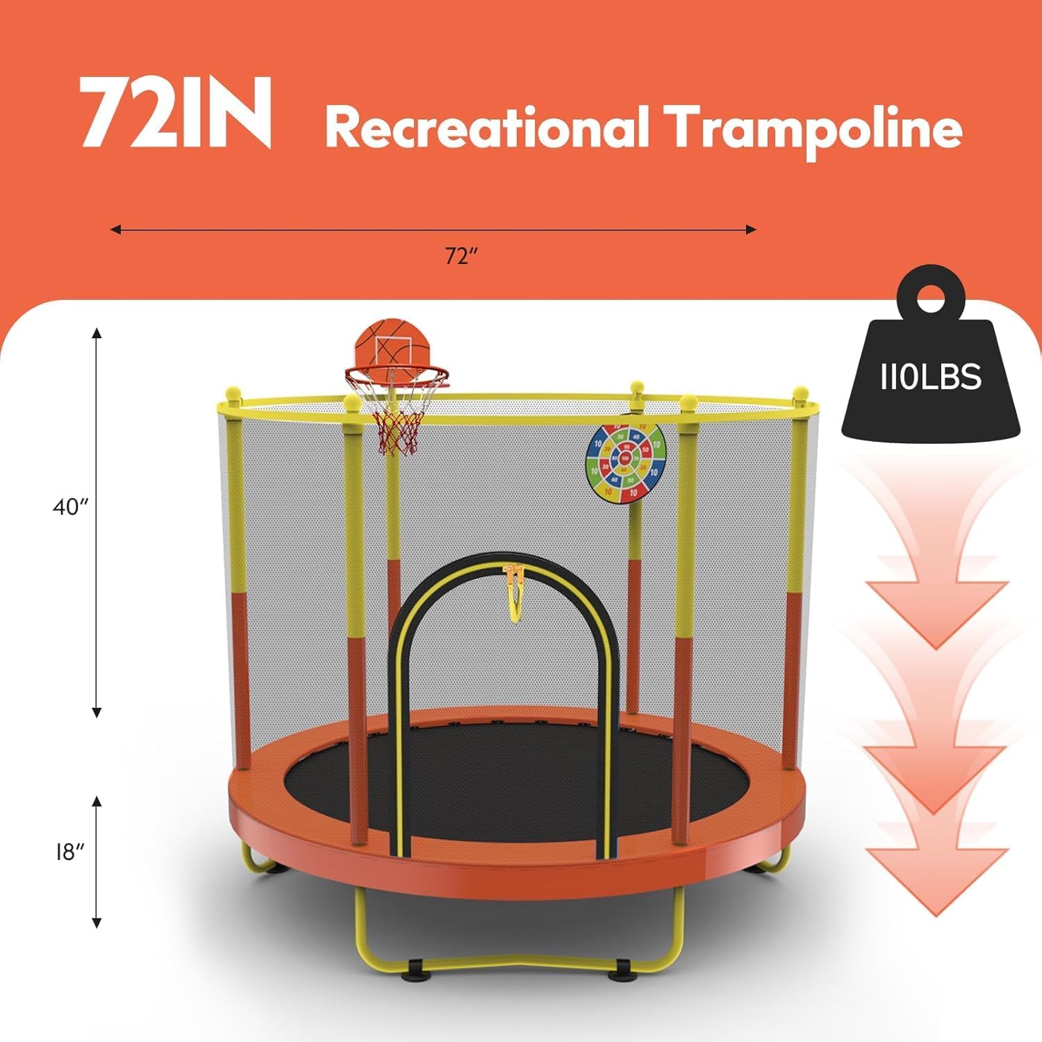 72' Trampoline for Kids with Net,6 FT Indoor & Outdoor Small Toddler Trampoline with Basketball Hoop & Dart Board for Ages 1-8, Birthday Gifts for Boys & Girls, Baby Toddler Christmas Toys