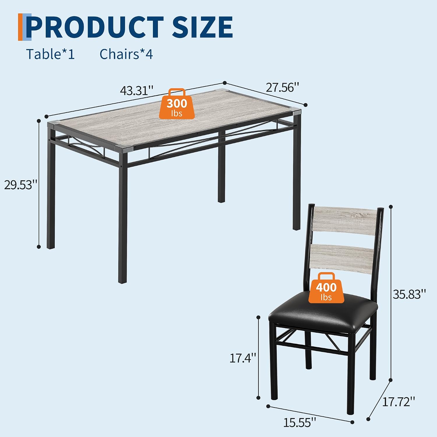 GarveeHome Dining Table Set for 4, Dining Room Table Set for 4 with Upholstered Chairs, Wood Kitchen Table Chairs Set of 4 with Corner Protector for Small Space, Kitchen, Apartment, Rustic Gray
