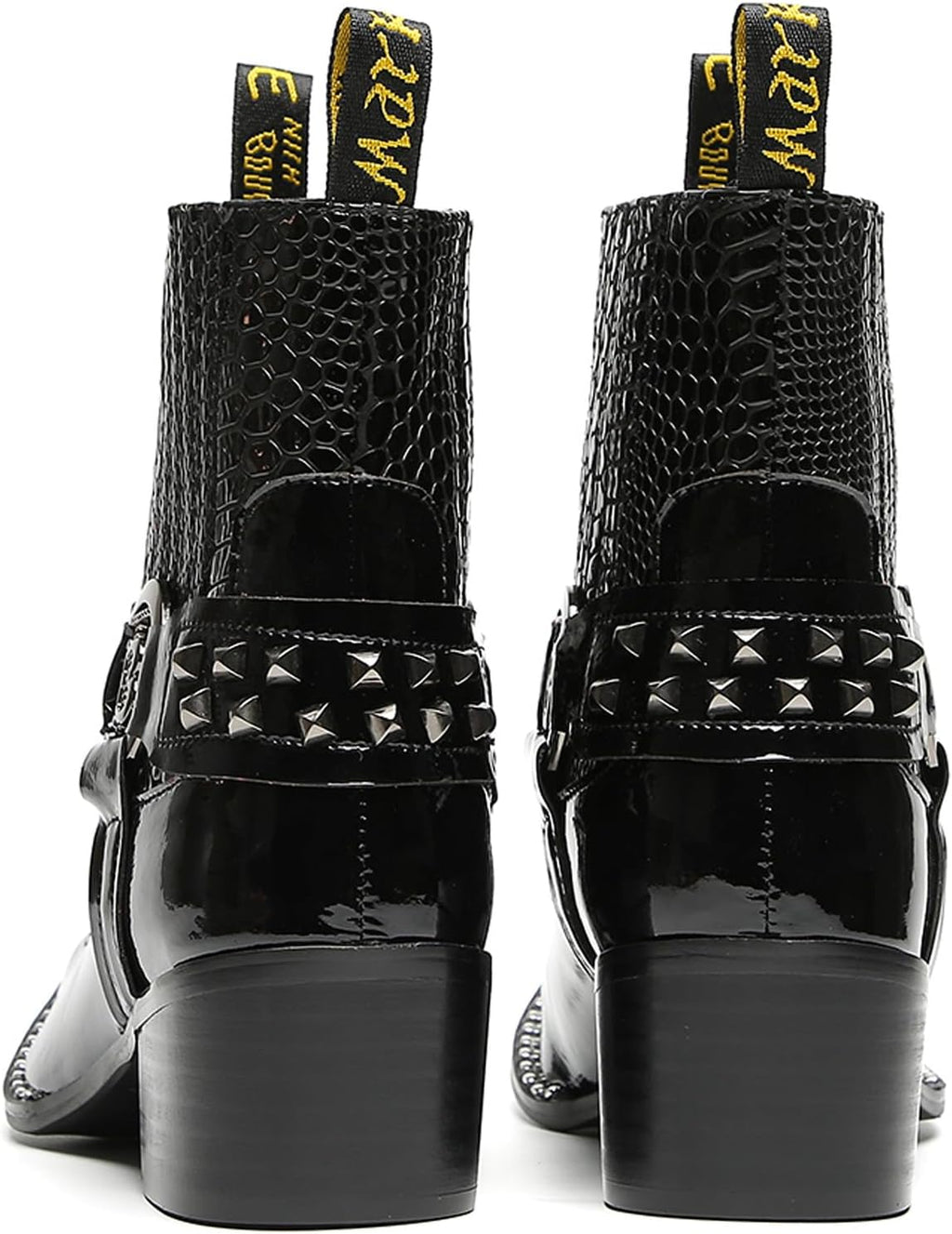 Santimon Men's Genuine Leather Western Chelsea Cowboy Boots | Mid-Top with Metallic Wingtip Toe & Snakeskin Buckle | Dress-to-Casual for Stage, Neon Nights