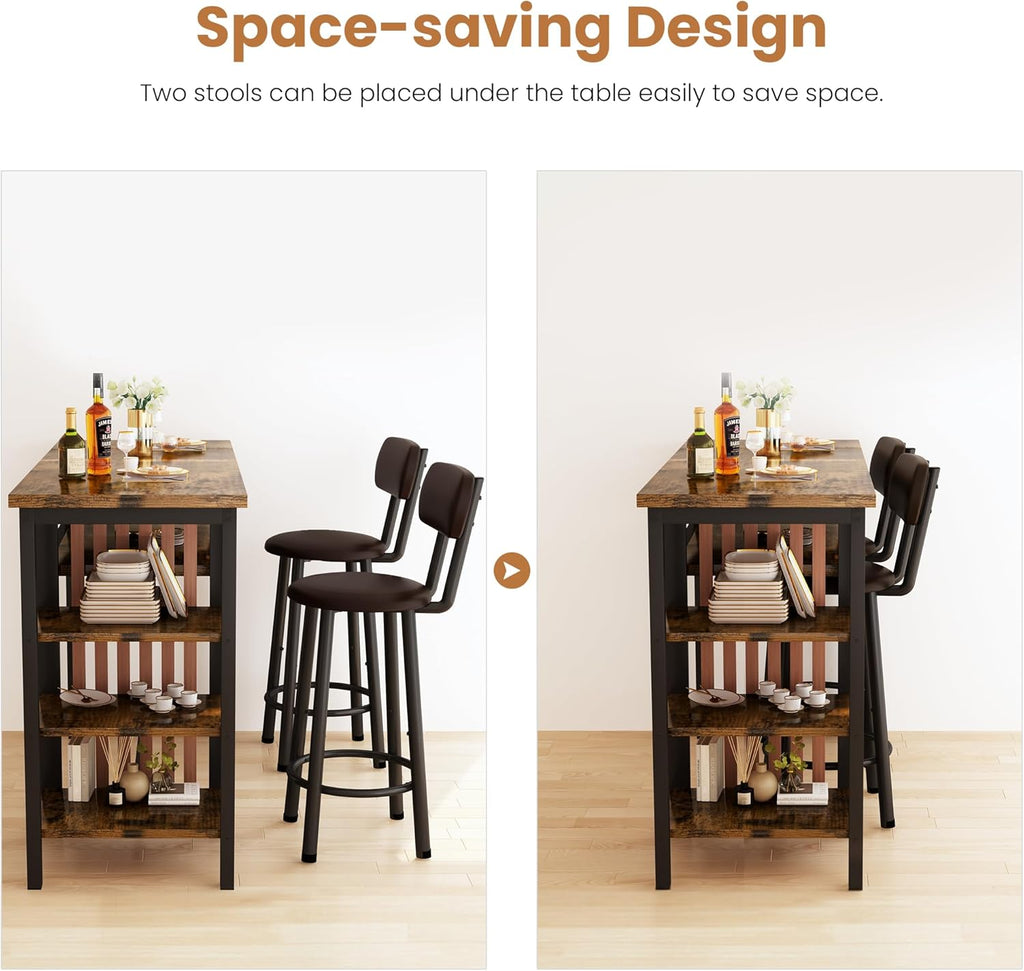 Recaceik 3 Piece Bar Dining Table Set, Modern Bar Table and Stools for 2, Kitchen Counter Height Dining Table Set with 4 Storage, Breakfast Nook Set Pub Table with Backrest