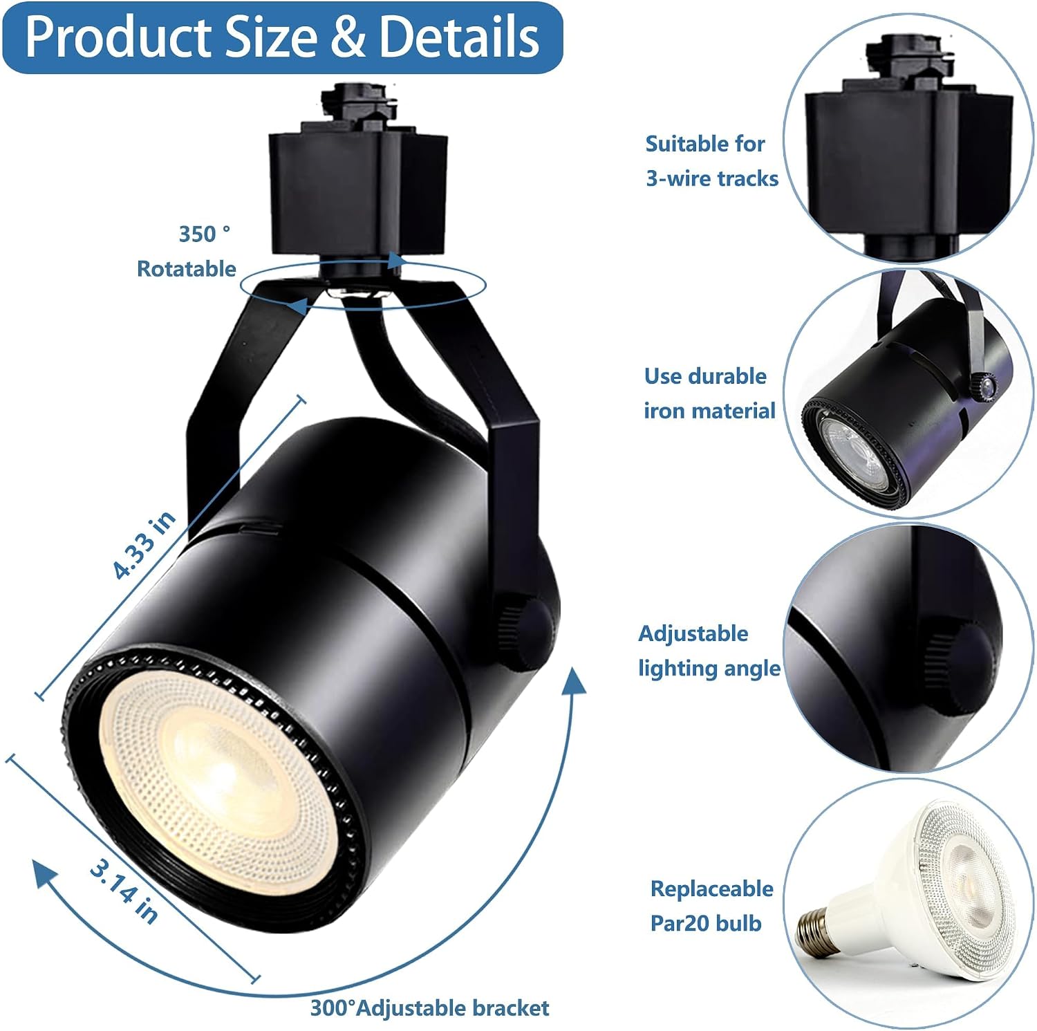 Black Track Lighting Heads Kit, PAR20 Dimmable H Type Track Lights Heads with 13.1FT(3.28 * 4) H Type Track Rails, 6000K Cold White LED Ceiling Spotlight Fixture, Replaceable PAR20 Bulb