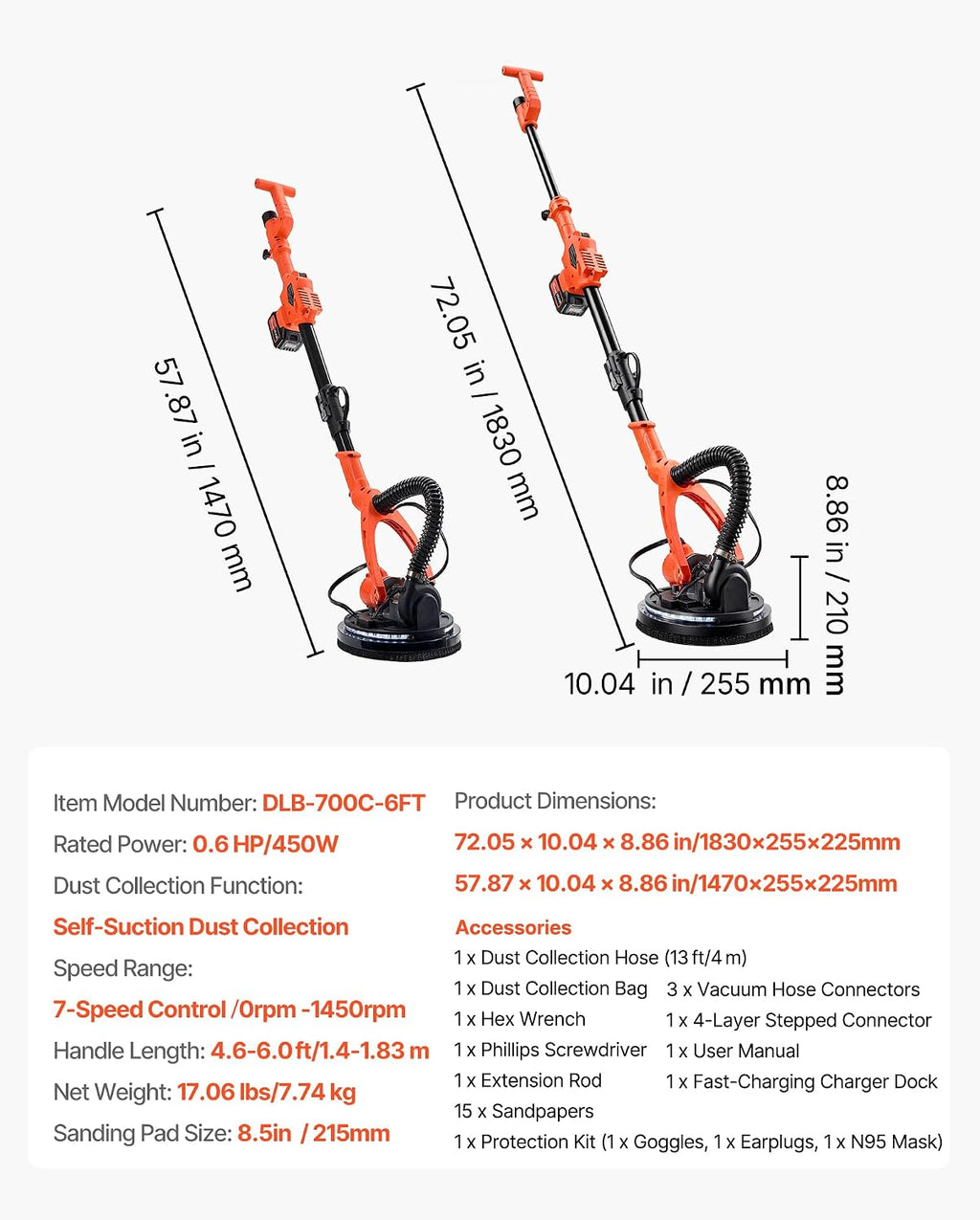 VEVOR Drywall Sander, 450W Cordless Electric Sander, Popcorn Ceiling Removal Tool with Vacuum Dust Collection, 7 Variable Speed 0-1600 RPM, LED Light, Foldable & Extendable Handle, 15 Sanding Discs