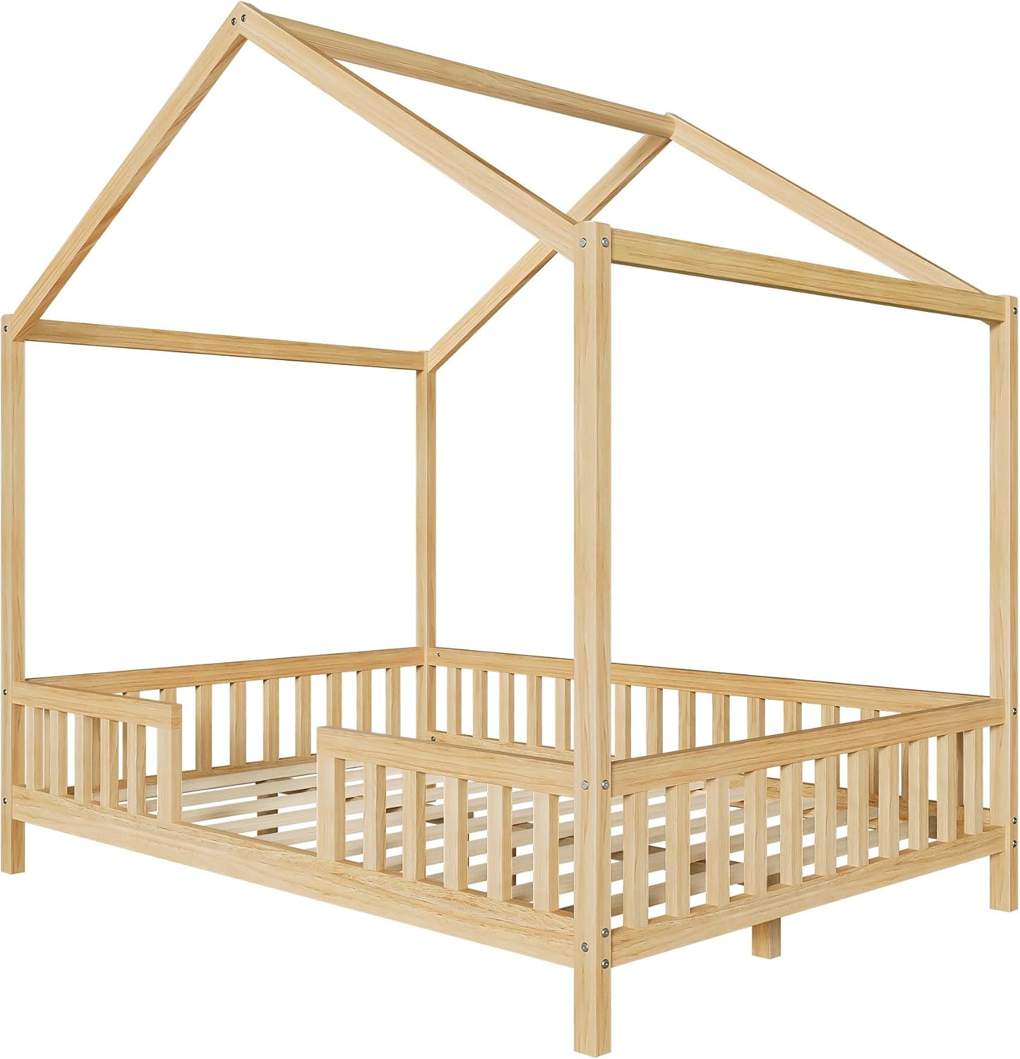 Bellemave Full House BedFrame with Canopy, Montessori Floor Bed, House Bed with Rails for Kids, Natural