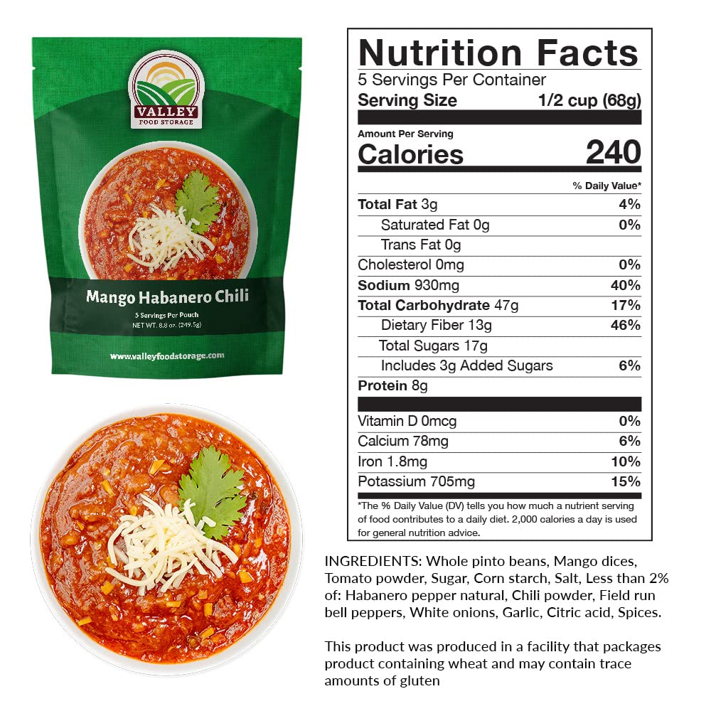Valley Food Storage Mango Habanero Chili | 10-Bag Bucket, 50 Servings | Premium Emergency Food Supply, 25 Year Shelf Life | Survival Meal Kits, Prepper Food & Off-Grid Living Supplies, Packaged in USA