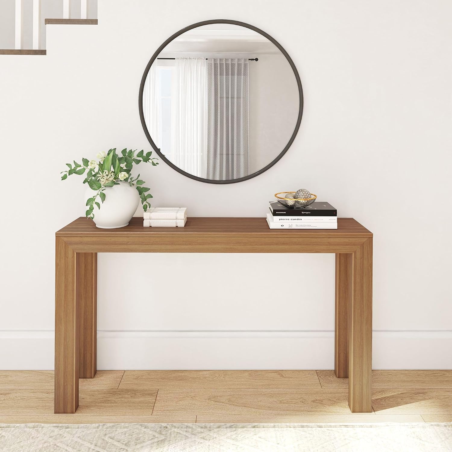Plank+Beam Modern Solid Wood Console Table, 56 Inch, Sofa Table, Narrow Entryway Table for Hallway, Behind the Couch, Living Room, Foyer, Easy Assembly, Pecan