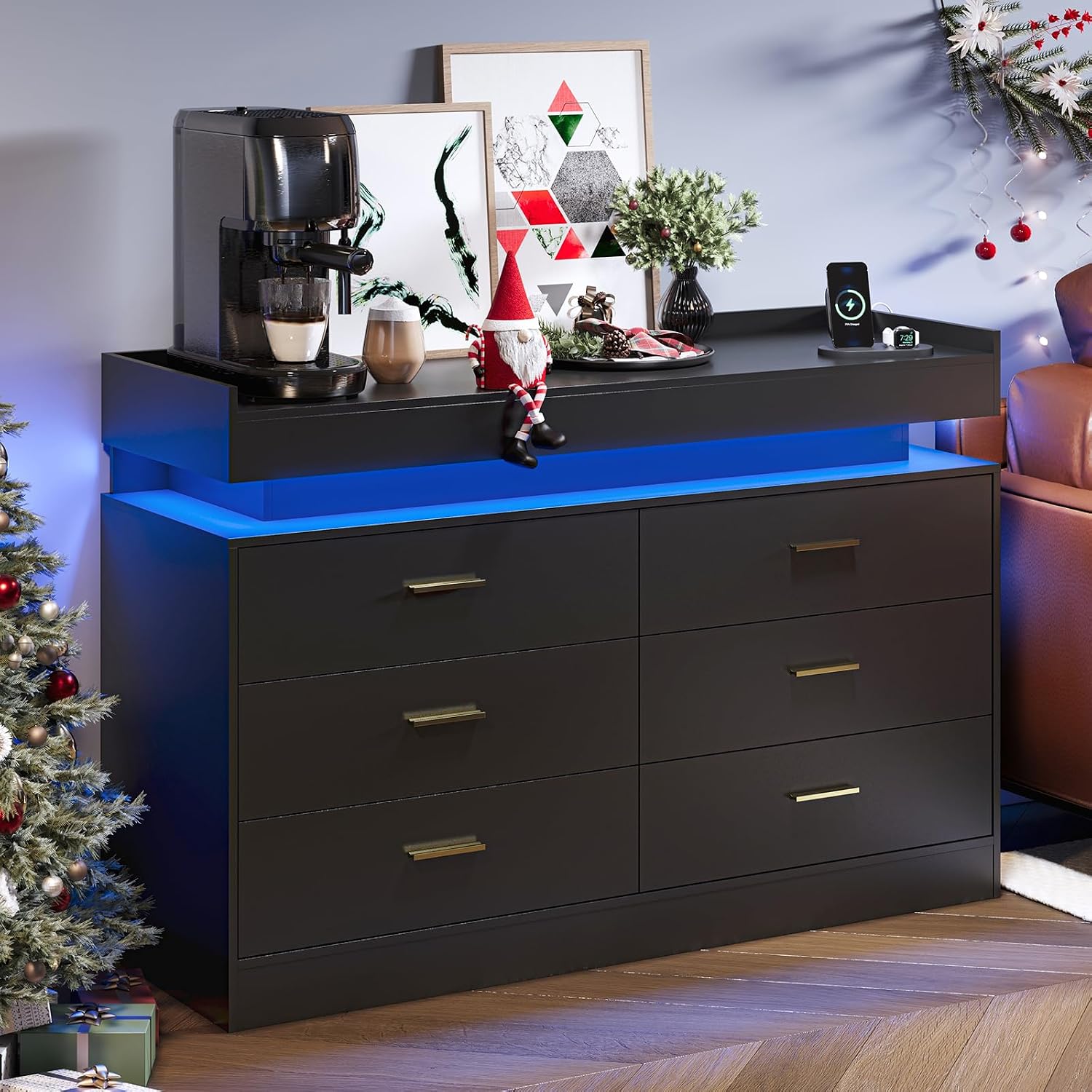 TV Stand Cabinet with LED Lights & Charging Station, Coffee Bar Cabinet Floating Countertop, Modern Sideboard Buffet 6 Drawers for Home, Living Room, Black