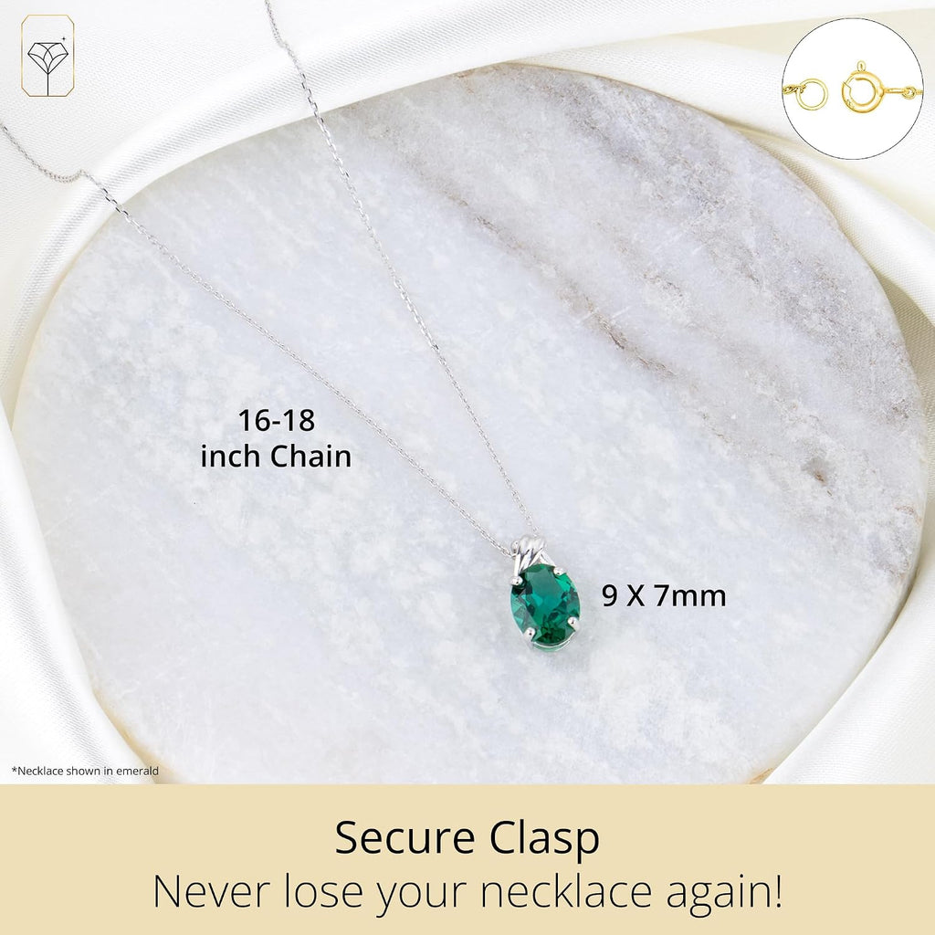 MAX + STONE Solid 14k White or Yellow Gold Gemstone Oval Pendant Necklace for Women with a Drop Twist Setting 9mm x 7mm Birthstone and Adjustable Cable Chain Size 16 to 18 Inches