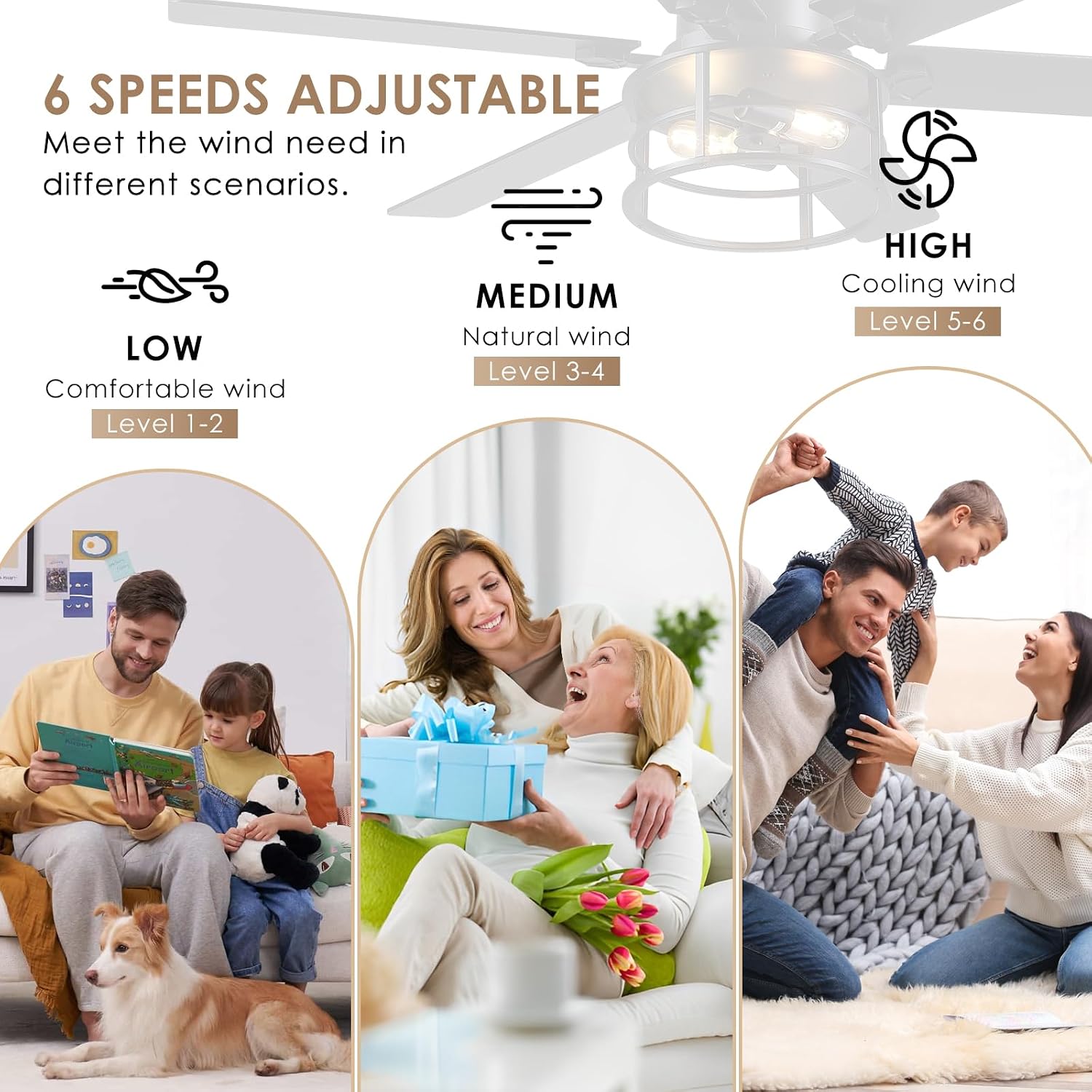 Hounberi 52' Caged Ceiling Fan with Lights and Remote, 6-Speed Quiet DC Motor & E26 Base, 6 Reversible Blades for Black & Wood, Modern Rustic Low Profile Ceiling Fans for Bedroom & Living Room