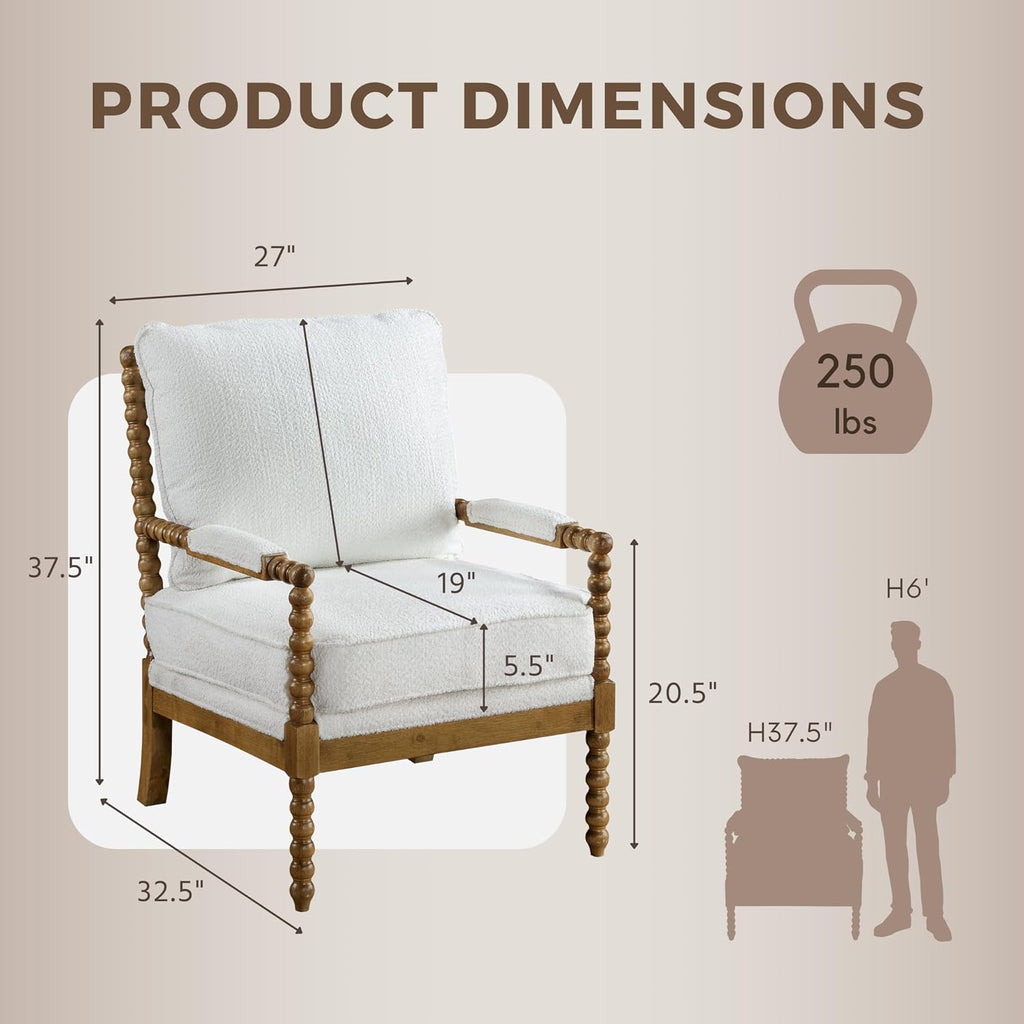 Furniture of America Dedee Mid Century Modern Boucle Fabric Accent Chair with Arms, Wide Spindle and Solidwood Legs for Living Room, Bedroom, Reading Corner, Home Office, Light Oak and White