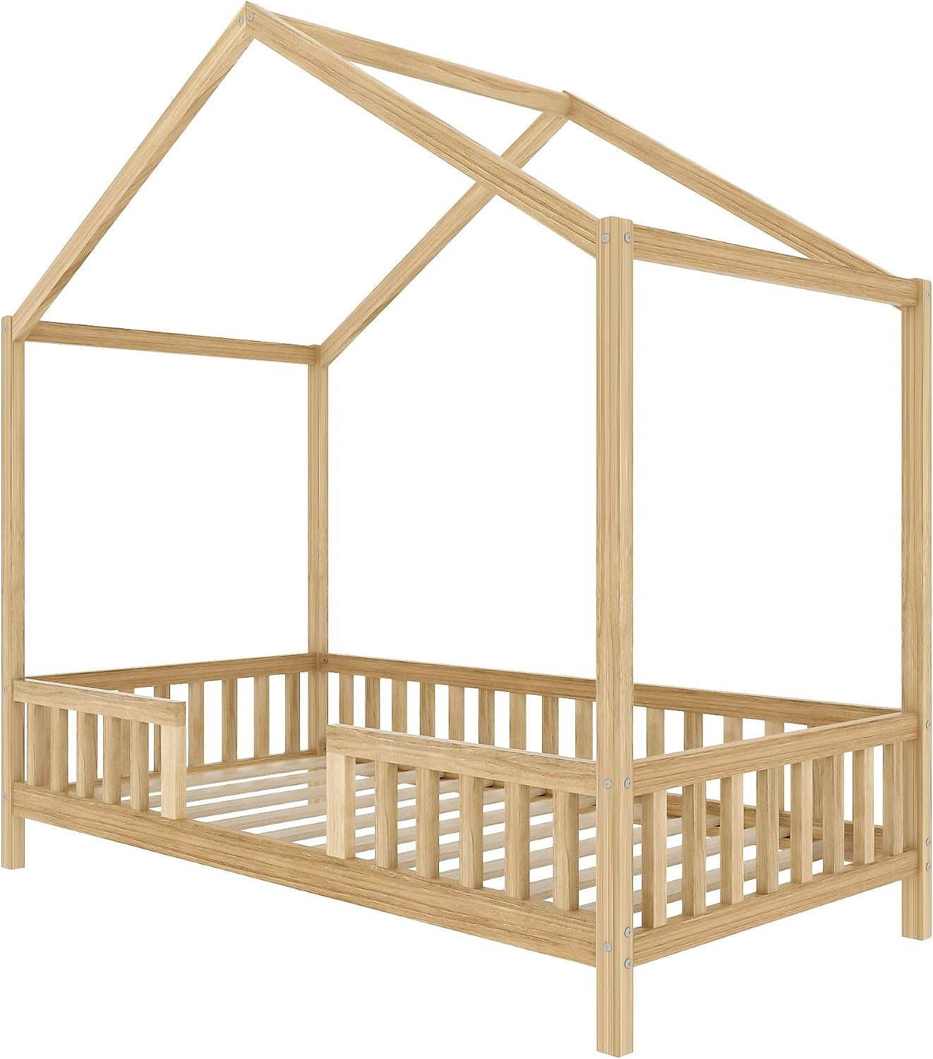 Bellemave Twin House BedFrame with Canopy, Montessori Floor Bed, House Bed with Rails for Kids, Natural