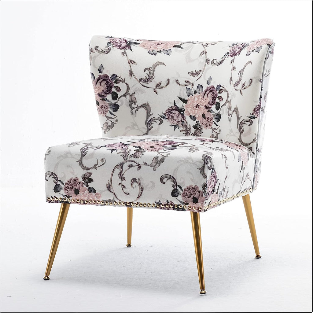 Container Furniture Direct Thia Armless Accent Chair for Living Room, Elegant Seat with Nailhead Trim, Gold Metal Legs and Comfortable Curved Back, 28' D x 25' W x 29.5' H, 02 Floral Print
