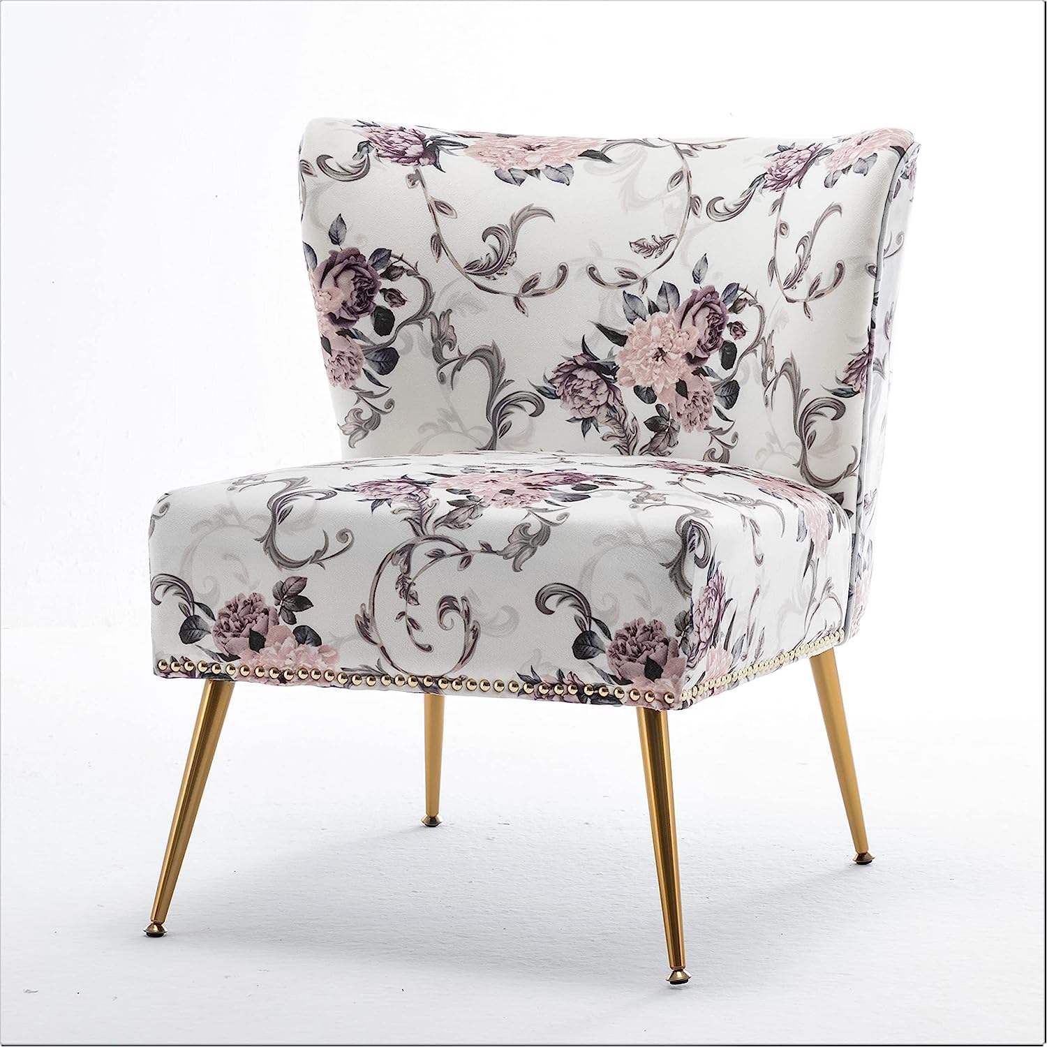 Container Furniture Direct Thia Armless Accent Chair for Living Room, Elegant Seat with Nailhead Trim, Gold Metal Legs and Comfortable Curved Back, 28' D x 25' W x 29.5' H, 02 Floral Print