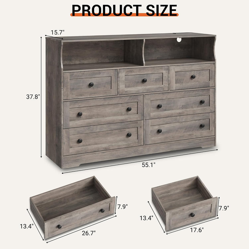 IDEALHOUSE Dresser for Bedroom with 7 Drawers, LED Lights & Charging Station, Wooden Chest with 2 Open Compartments, Freestanding Storage Organizer for Closet, Nursery, Entryway, Light Brown