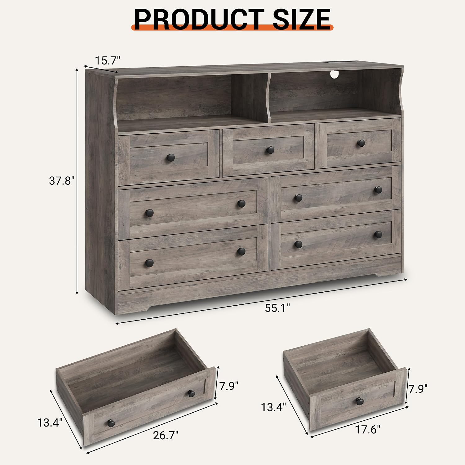 IDEALHOUSE Dresser for Bedroom with 7 Drawers, LED Lights & Charging Station, Wooden Chest with 2 Open Compartments, Freestanding Storage Organizer for Closet, Nursery, Entryway, Light Brown