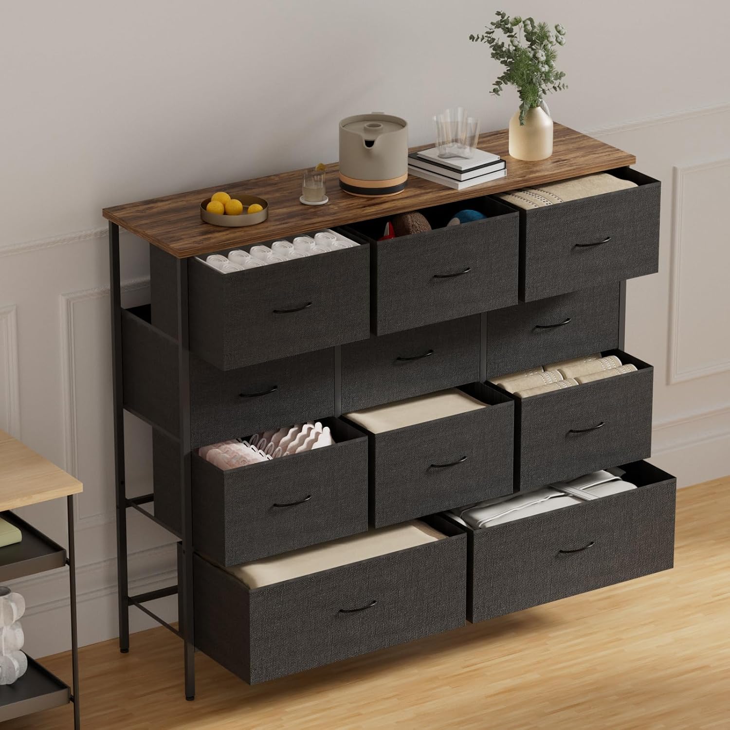 VASICAR 43.3' Wide Fabric Dresser for Bedroom, Chest of Drawers with 11 Deep Drawers, Multi-Drawers TV Stand TV Console, Storage Organizer for Closet, Nursery (Black)