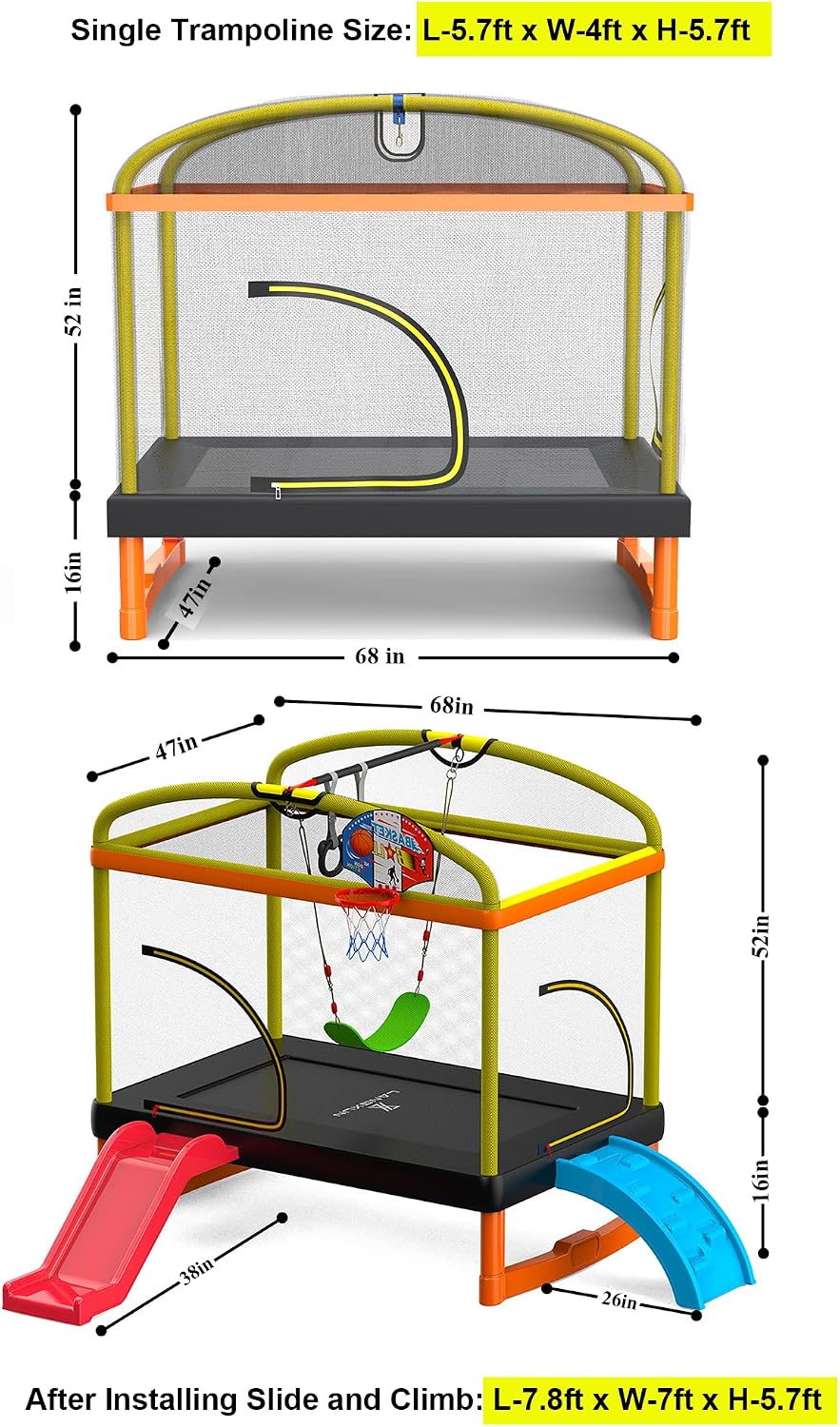 LANGXUN 6.5Ft 7-in-1 Rectangle Trampoline for Kids, with Climb, Slide, Swing, Basketball Hoop, Multi-Functional Indoor Outdoor Baby Toddler Mini Trampoline for Girls and Boys Birthday Gift, Age 1-10