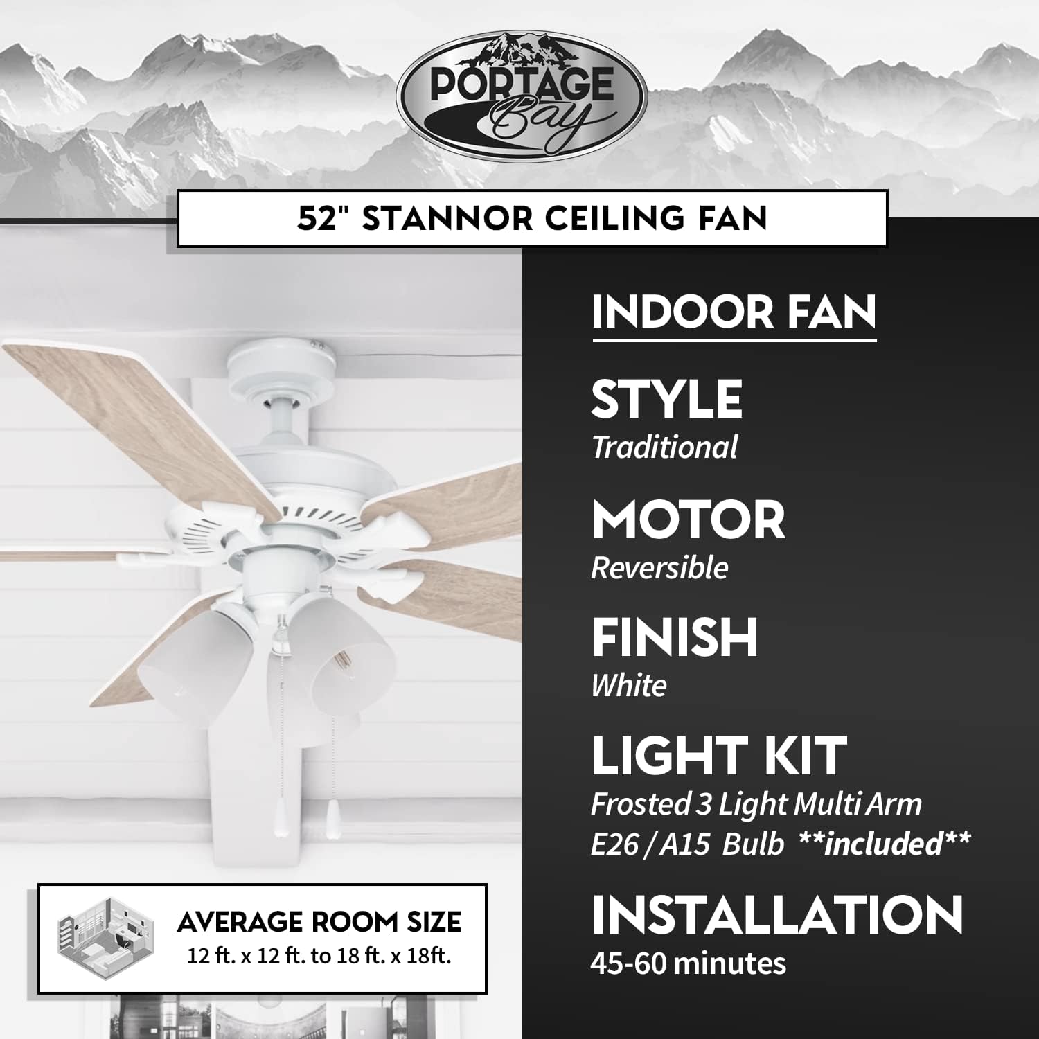 Portage Bay 51435 Stannor Ceiling Fan, 52, White