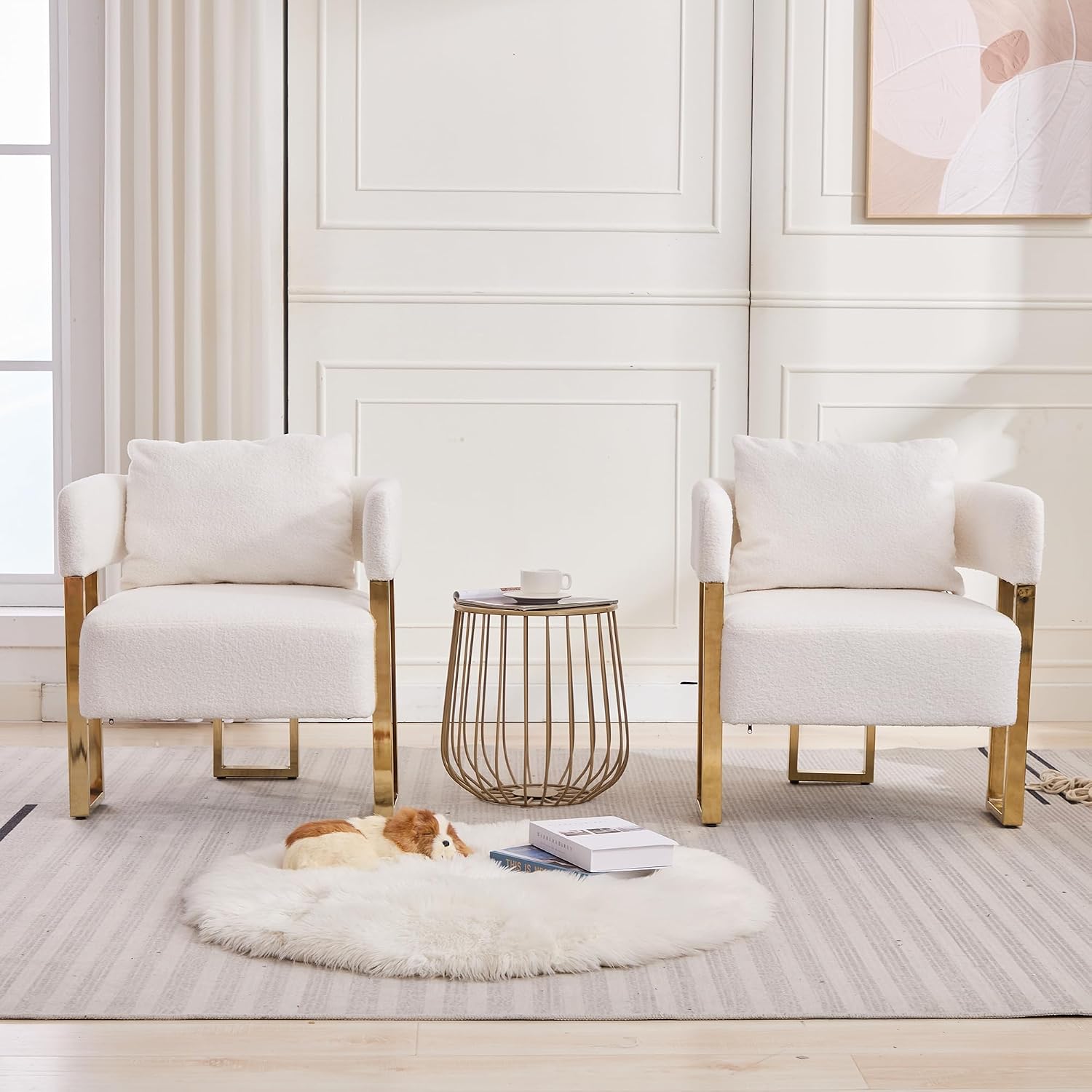 YISHENG Modern Barrel Accent Chairs Set of 2, Living Room Side Chairs with Golden Metal Legs Soft Upholstered Reading Armchairs no Wheels for Vanity/Reception Room//Bedroom/Lounge/Office, White Teddy