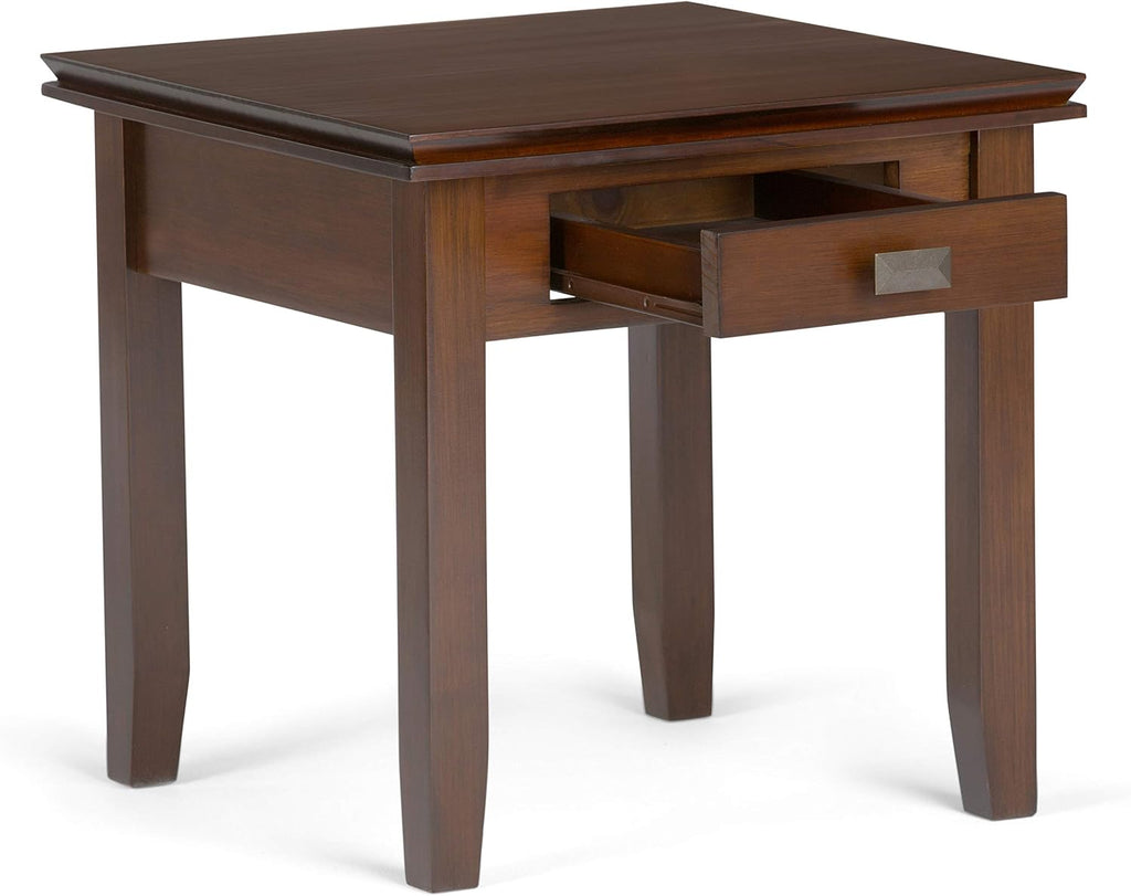SIMPLIHOME Artisan End Table - 21 inch Wide Solid Wood Square Side Table with Drawer in Russet Brown, Transitional Nightstand or Lamp Stand for Living Room, Bedroom, or Entryway with Tapered Legs