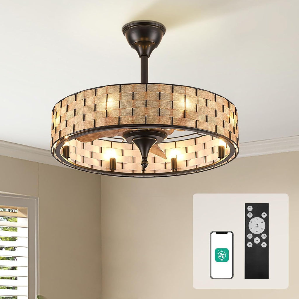 Orison 24' Caged Ceiling Fan with Lights, 2 Ways Control(App&Remote Control), Light Kit Included(8 Bulbs), Modern Farmhouse