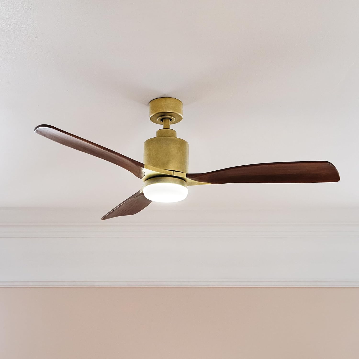 Kichler Ridley II 52' Ceiling Fan and Light Kit in Natural Brass, 3-Blade LED Ceiling Fan in Cherry Finish, 3000K, (52' W x 14.5' H), 300027NBR