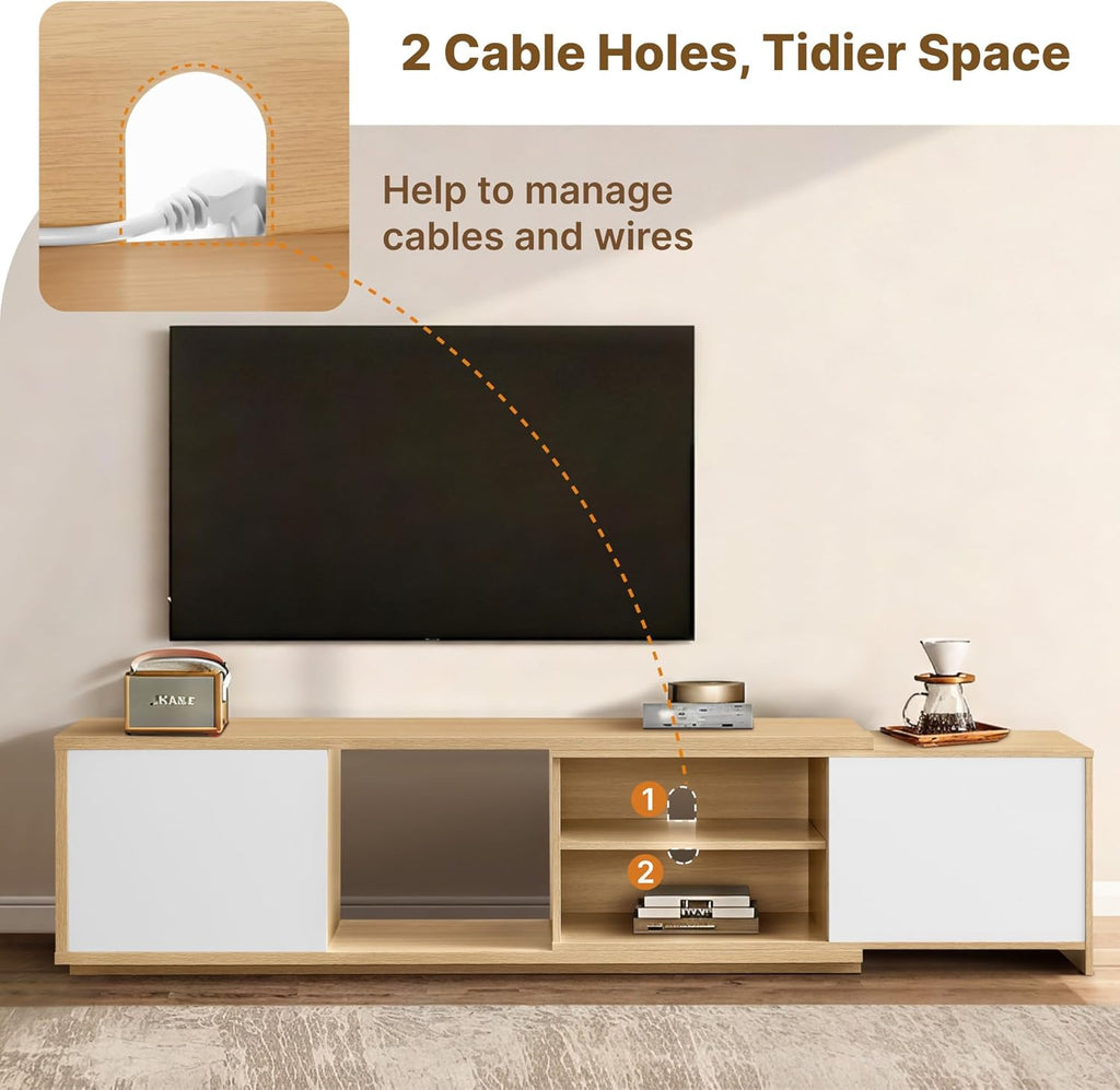 KISLOT Extendable TV Stand for TVs up to 90',Modern Entertainment Center with Adjustable Shelf,Television Stand with 2 Storage Cabinets,Wooden TV Media Console for Living Room Bedroom Natural Oak