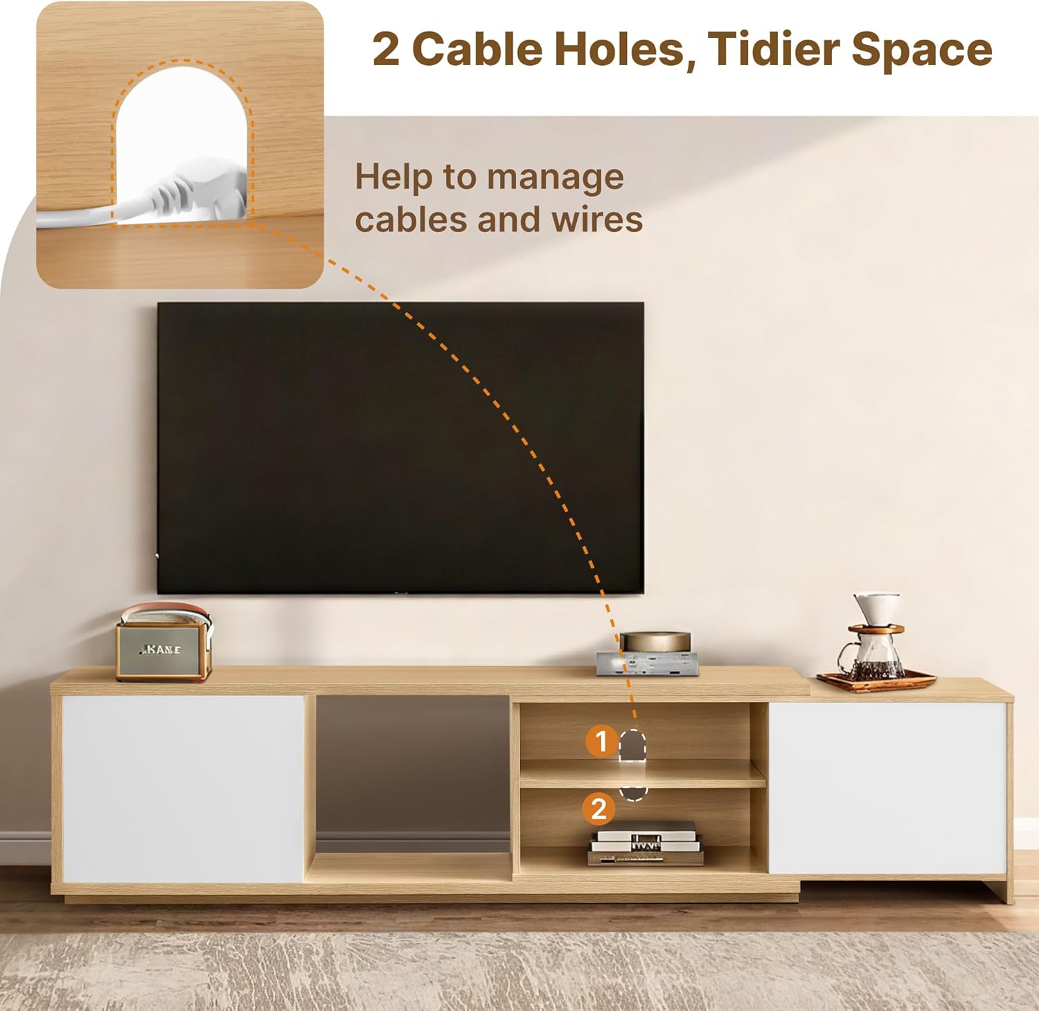 KISLOT Extendable TV Stand for TVs up to 90',Modern Entertainment Center with Adjustable Shelf,Television Stand with 2 Storage Cabinets,Wooden TV Media Console for Living Room Bedroom Natural Oak