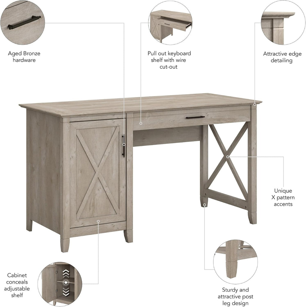 Bush Home Key West Computer Desk with Storage | Farmhouse PC Table for Home Office in Washed Gray | 54W x 24D