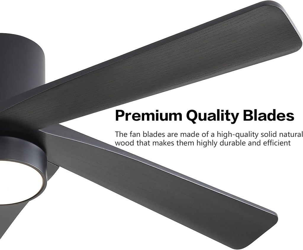 WINGBO 48 Inch Flush Mount DC Ceiling Fan with Lights and Remote, 5 Reversible Carved Wood Blades, 6-Speed Noiseless DC Motor, Hugger Ceiling Fan in Black Finish, Low Profile Ceiling Fans, ETL Listed