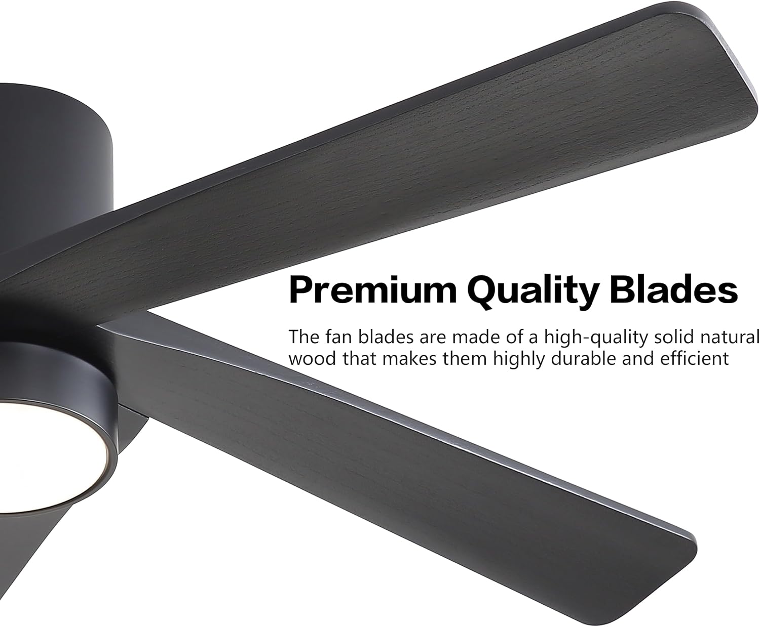 WINGBO 48 Inch Flush Mount DC Ceiling Fan with Lights and Remote, 5 Reversible Carved Wood Blades, 6-Speed Noiseless DC Motor, Hugger Ceiling Fan in Black Finish, Low Profile Ceiling Fans, ETL Listed