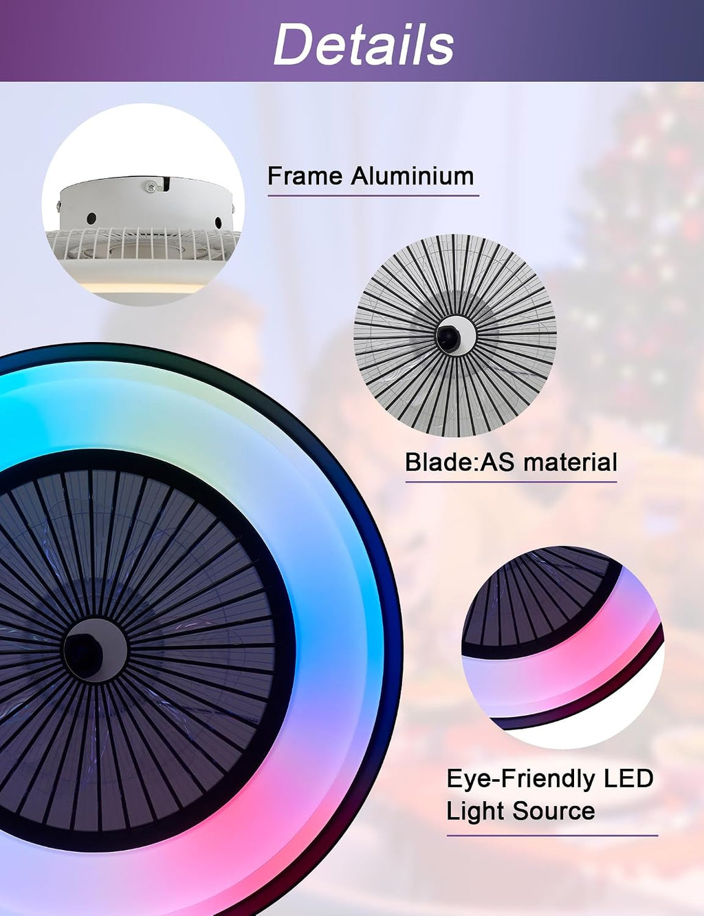 Dawn Whisper 24'' Ceiling Fan with Light Fandelier Flush Mount Low Profile Smart RGB Ceiling Fan with Dimmable LED Light for Kids Bedroom Black 3 Color 6 Speeds
