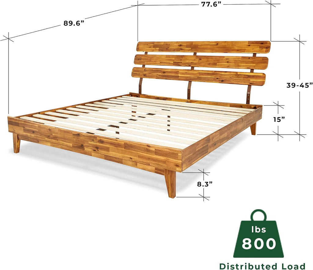 Bme Caden King Size Bed Frame and Adjustable Headboard, 15 Inch Mid Century Retro Style - Solid Acacia Wood - No Box Spring Needed - 12 Strong Wood Slat Support - Easy Assembly - Caramel
