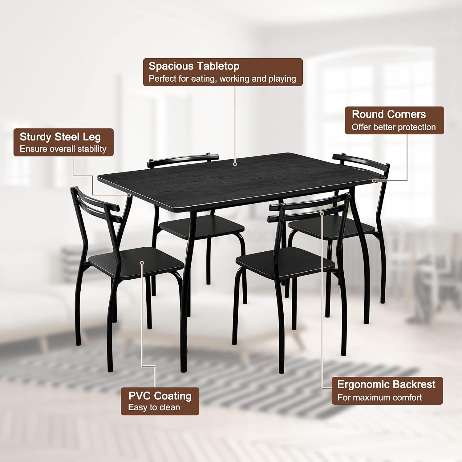 COSTWAY 5-Piece Dining Set Table and 4 Chairs Home Kitchen Room Breakfast Furniture Black