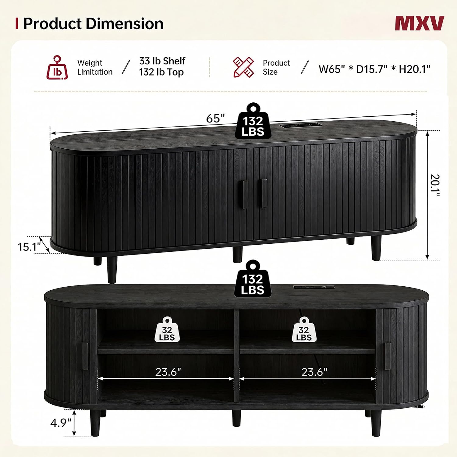MXV 65' Mid-Century Modern TV Stand with Sliding Doors, TV Consoles with Power Outlet, Fluted Entertainment Center with Adjustable Shelves, for Living Room