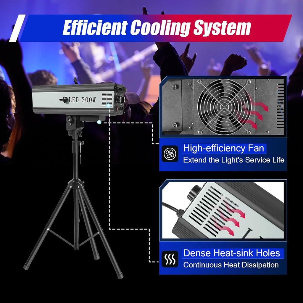200W Professional Stage Spotlight with Adjustable Height Tripod Stand, 6 Colors 3 Color Temperatures 3200K-6000K, Adjustable Focus Follow Spot Light for Weddings, DJ, Theater & Event