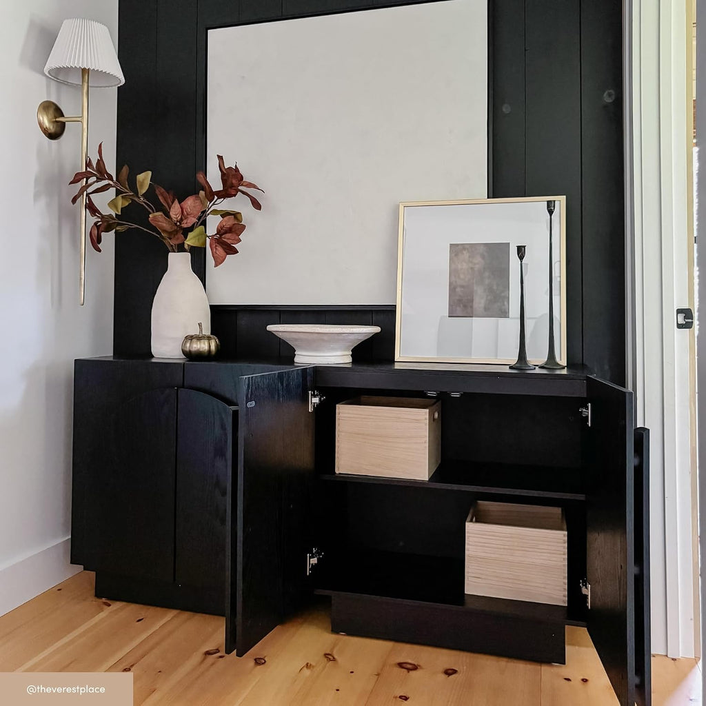 Nathan James Iris Mid-Century Modern Credenza, Black Sideboard Buffet, Living Room Wood Storage Cabinet with Arched Cabinet Doors, Black Credenza Cabinet for Kitchen or Living Room, Black Oak