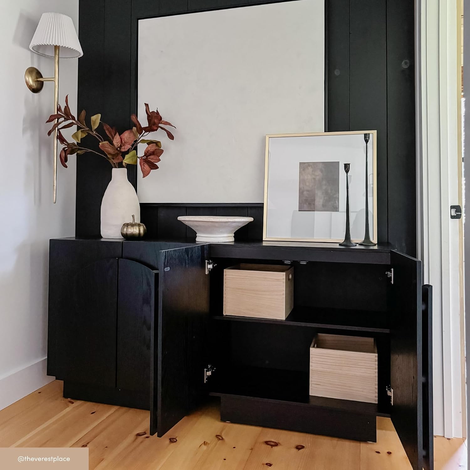 Nathan James Iris Mid-Century Modern Credenza, Black Sideboard Buffet, Living Room Wood Storage Cabinet with Arched Cabinet Doors, Black Credenza Cabinet for Kitchen or Living Room, Black Oak
